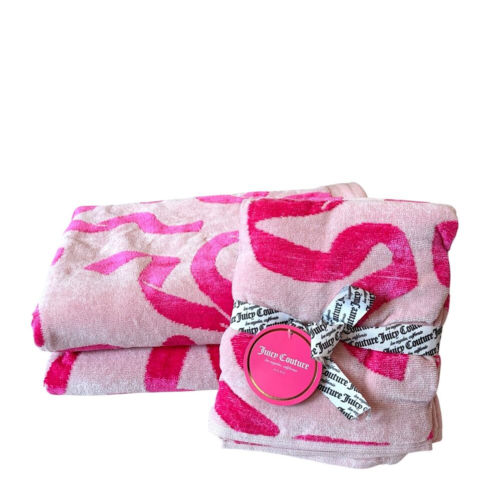 Juicy Couture Pink Bows Hearts Towel Set- 2 Hand & 2 Bath Towels Cotton NEW